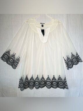 Alfani Woman Boho Sheer Mesh Embroidered Scalloped Beach Cover Up Blouse-2X NWT